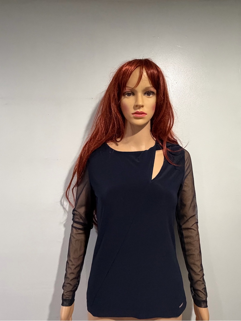 DKNY Navy Dress with Sheer Black Sleeves